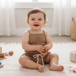 Baby Girl Boy Ribbed Two-Piece Set Khaki Bodysuit Ruffle Bloomer Neutral Outfit